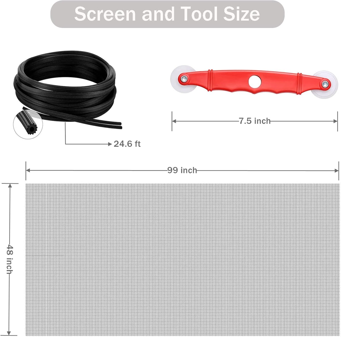 Window Screen Replacement Kit, 48'' x 99'' Fiberglass Screen Mesh with Rolling Tool and Screen Retainer Spline, DIY Adjustable Screen Door Mesh for Window, Door and Patio, Black