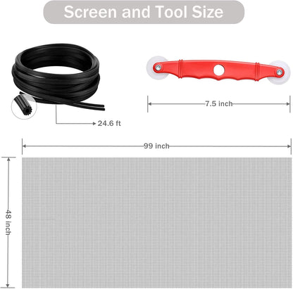 Window Screen Replacement Kit, 48'' x 99'' Fiberglass Screen Mesh with Rolling Tool and Screen Retainer Spline, DIY Adjustable Screen Door Mesh for Window, Door and Patio, Black
