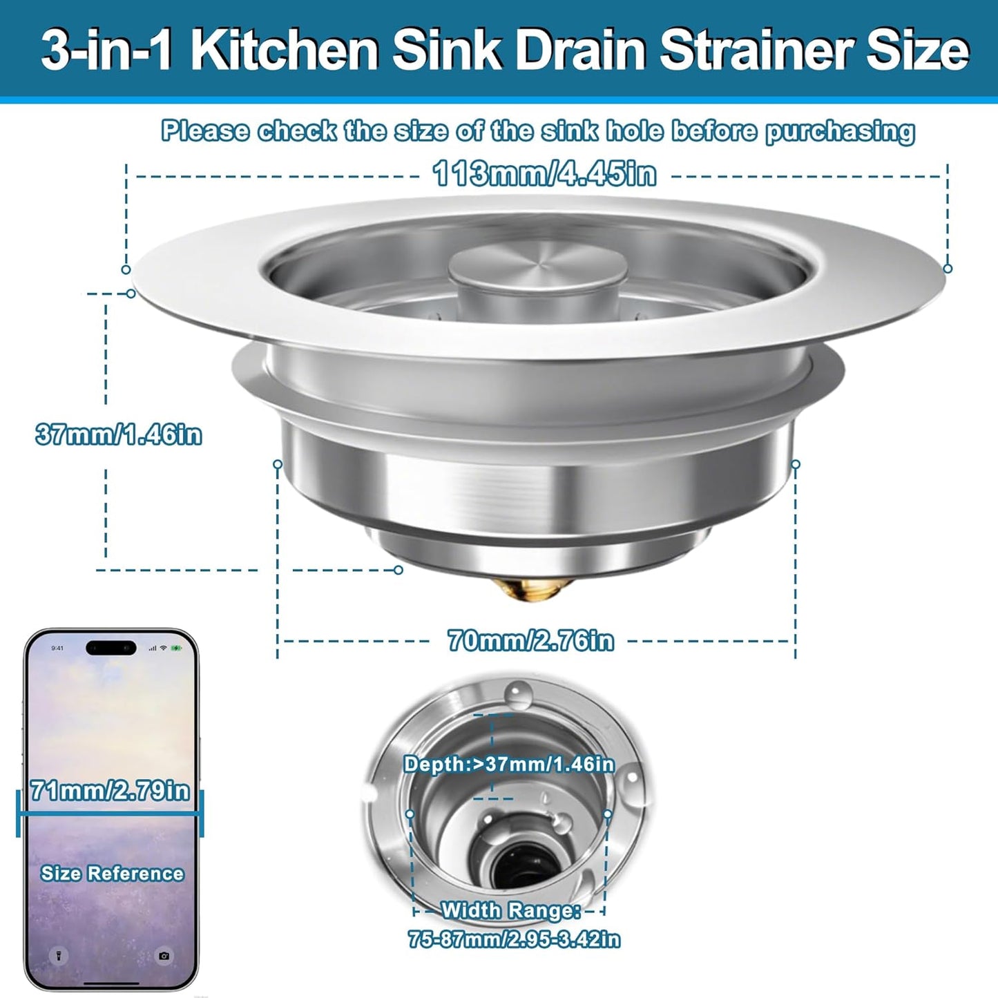 Kitchen Sink Drain Strainer for 3-1/2 Inch Drain Hole, 3-in-1 304 Stainless Steel Pop-Up Sink Strainer and Stopper with Anti-Clog Filter Basket & Food Catcher (Silver, 1 Pack)