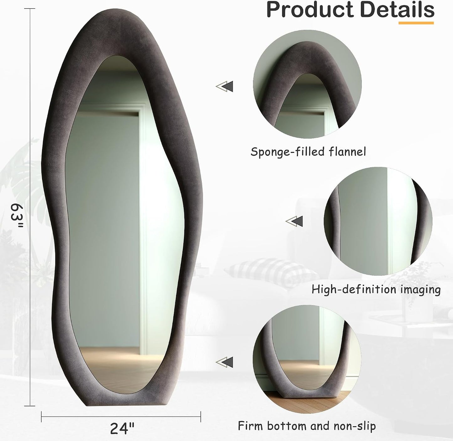 Honyee Full Length Mirror, 63" x 24" Wall Mirror, Flannel Wrapped Wooden Frame Floor Mirror, Irregular Wavy Mirror Hanging or Leaning Against Wall for Cloakroom/Bedroom/Living Room, Milk Tea