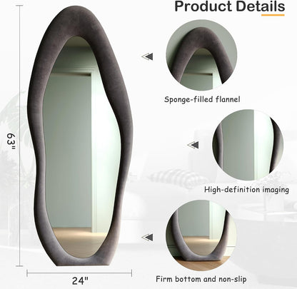 Honyee Full Length Mirror, 63" x 24" Wall Mirror, Flannel Wrapped Wooden Frame Floor Mirror, Irregular Wavy Mirror Hanging or Leaning Against Wall for Cloakroom/Bedroom/Living Room, Milk Tea