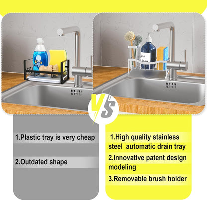 Maifan Sink Caddy Sponge Holder for Kitchen with Brush Holder and Stainless Steel Self Drain Tray, Rustproof Kitchen Sink Organizer for Sponge, Soap Dispenser Storage Accessories (Lacquer Silver)