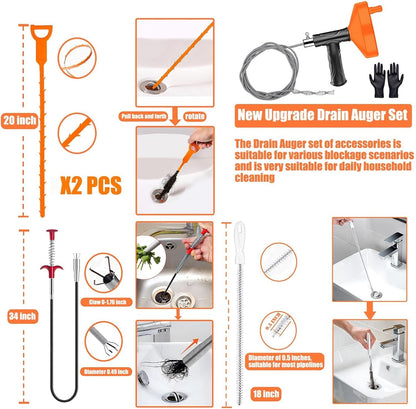 33 FT Drain Snake Auger, Plumbing Snake Drain Hair Clog Removal Tool, Sink Unclogger Drain, Heavy Duty Drum Auger, Cleaner Tool for Bathroom Kitchen Tub Shower Drain Clog Remover with Gloves
