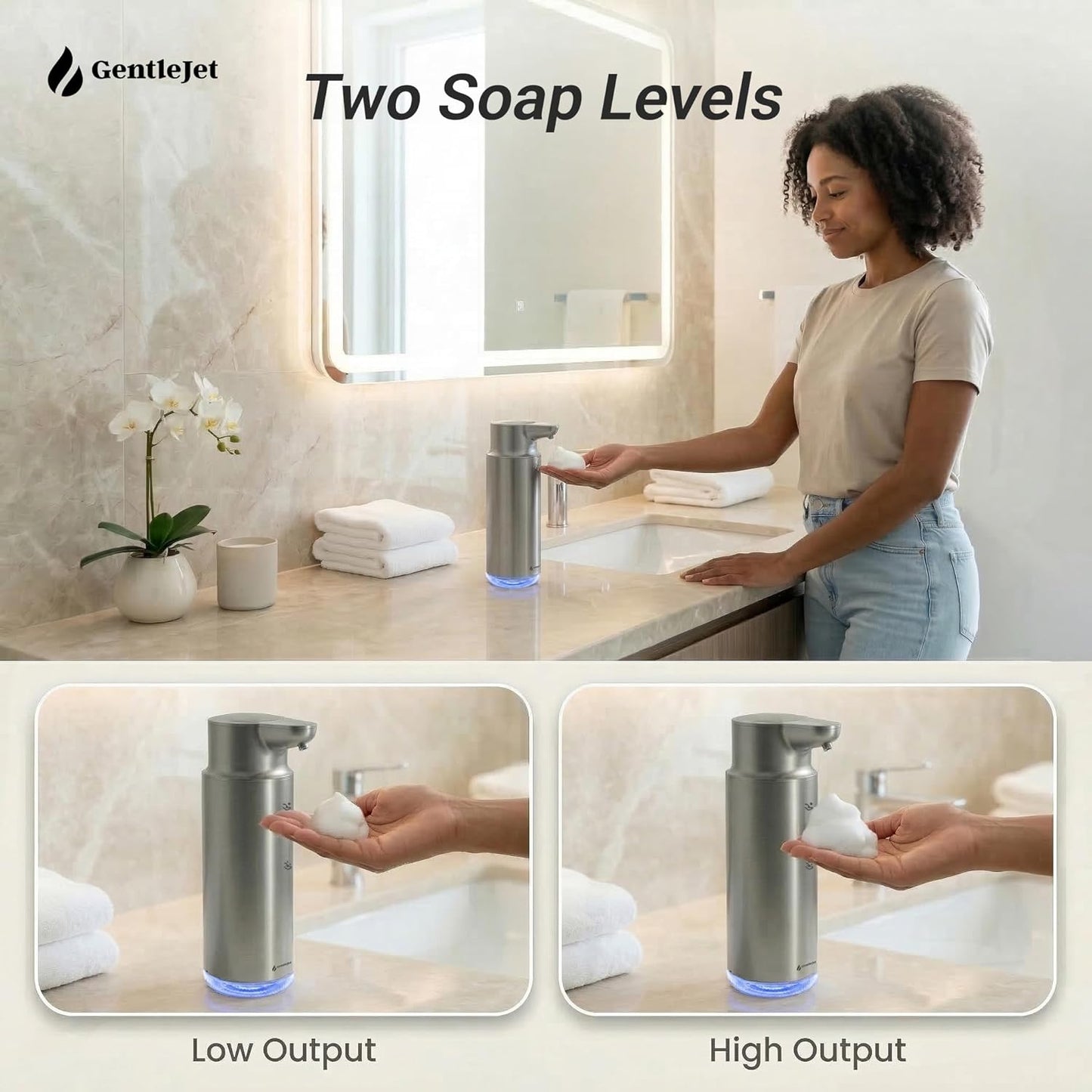 GentleJet CrystalJet Automatic Foam Soap Dispenser – Stainless Steel, Touchless Sensor, USB-C Rechargeable, Waterproof, Modern Bathroom & Kitchen Sink, 300 ml