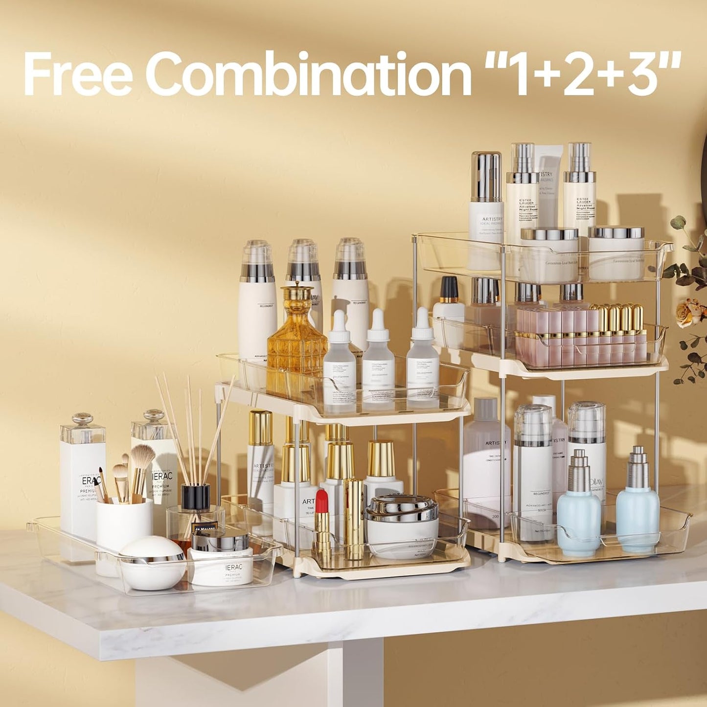 Delamu 2 Sets of 3-Tier Bathroom Under Sink Organizers and Storage, Multi-Purpose Stackable Pantry Organization and Storage, Pull Out Clear Kitchen Bathroom Cabinet Organizer with Movable Dividers | Storage