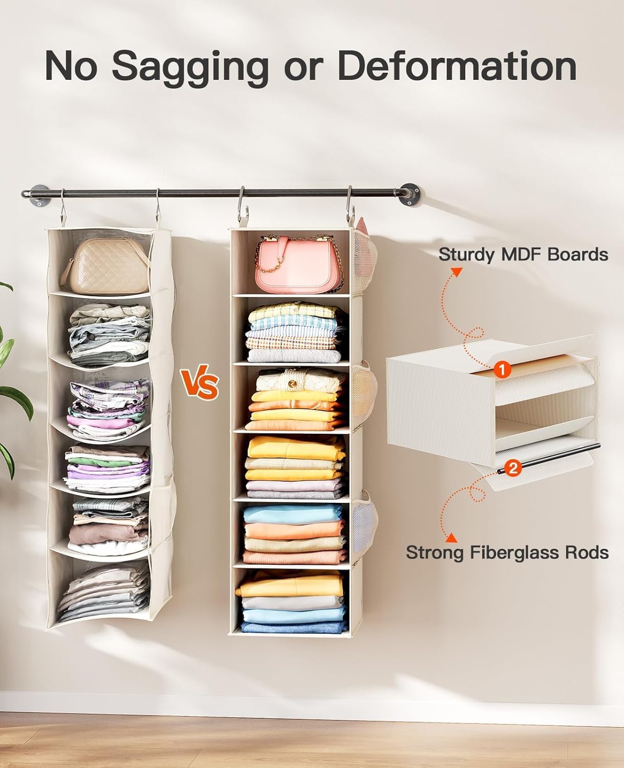 Pipishell Hanging Closet Organizer 6-Shelf, Hanging Shelves for Closet with 3 Removable Drawers & Side Pockets for Bedroom, Garment Rack and Wardrobe Organization, 12' x 12' x 43.3', Dark Gray