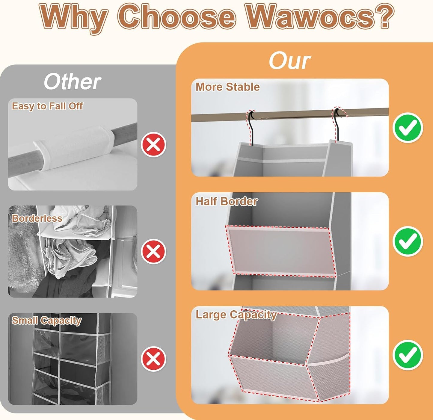 Hanging Closet Organizer 4 Shelf Collapsible Bedroom Closet Organizers and Storage Hanging with Mesh Pockets for Clothes, Fabric Hanging Storage Bins for Wardrobe Closet Organization and Storage, Grey