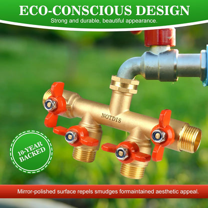 Hose Splitter 2 Way Heavy Duty Brass Garden Hose Splitter with 304 Stainless Steel Long Handle Outdoor Full Flow Hose Splitter Connector,Y Valve 3/4 Inch GHT Thread