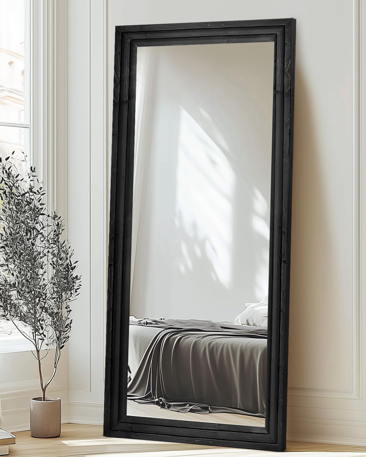 Full Length Mirror 65"x22" with Stand Solid Wood Frame Floor Large Mirror for Living Room, Bedroom Hanging Standing or Leaning Wall-Mounted, New Black