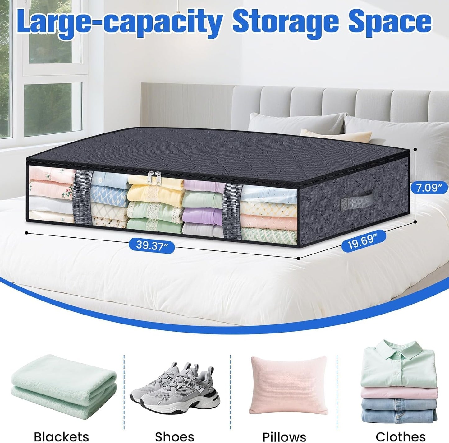 TasticTotes Under Bed Storage Containers, 4 Pack Blanket Storage Bags, Collapsible Storage Bags with Big Zippers, Clear Front, Shoe Storage and Organization for Clothes, Comforter, 60L, Grey