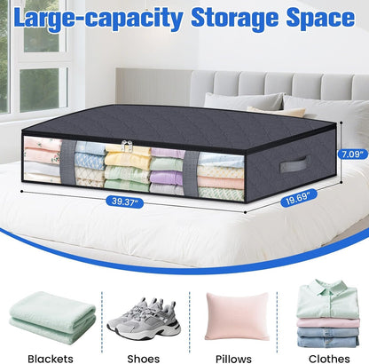 TasticTotes Under Bed Storage Containers, 4 Pack Blanket Storage Bags, Collapsible Storage Bags with Big Zippers, Clear Front, Shoe Storage and Organization for Clothes, Comforter, 60L, Grey