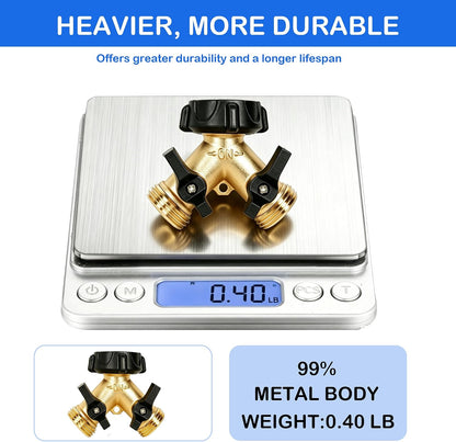 LIULO TOOL Brass Garden Hose Splitter 2 Way, Hose Y Splitter 3/4 Inch Heavy Duty Brass Hose Connector Tap Splitter, Hose Spigot Adapter 2 Valves with Rubber Washers