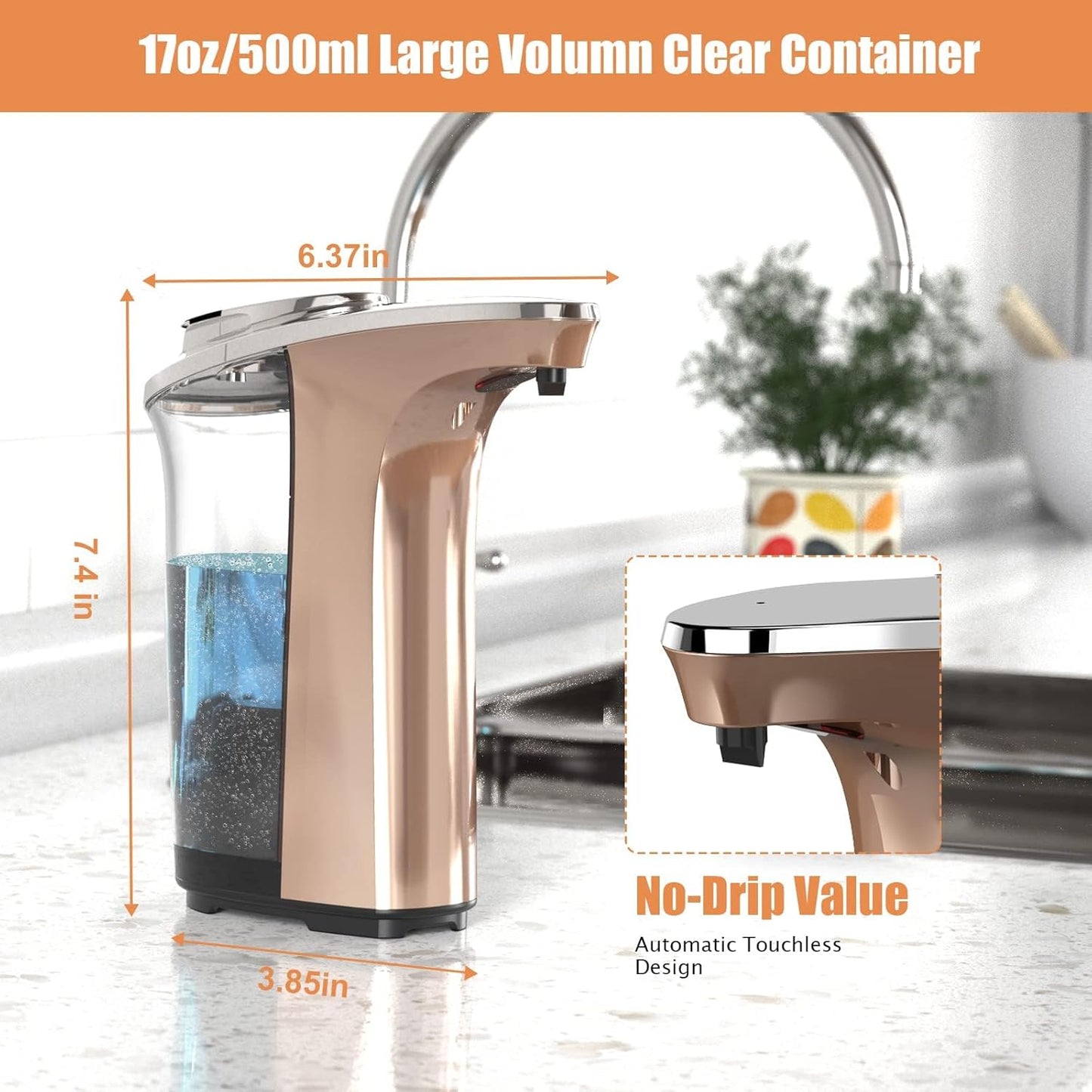 PZOTRUF Automatic Soap Dispenser, Touchless Dish Soap Dispenser 17oz/500ml with Infrared Sensor, 5 Adjustable Soap Dispensing Levels, Liquid Hand Dispenser for Bathroom Kitchen Sink (Silver)
