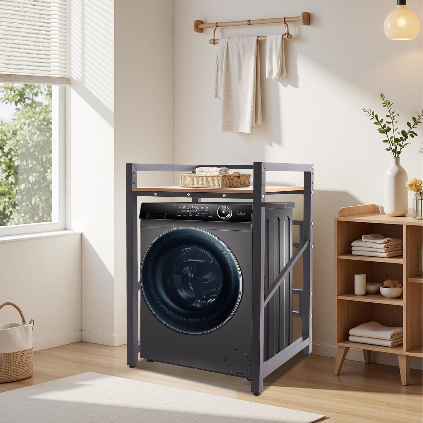 Over Washer and Dryer Shelves,Heavy Duty Laundry Room Storage Organization Clothes Drying Rack with 3-level Adjustable Height,661.39LBS Load-Bearing (Black)