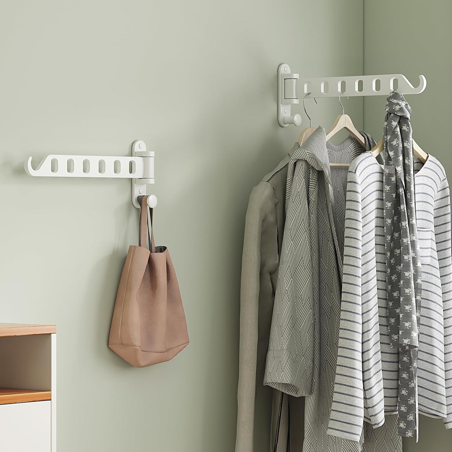 Wall Mounted Clothes Hanger with Swing Arm - 8-Hole Laundry Room Drying Rack | 180° Rotation & Space Saving for Hanging Clothes | Swing Away Coat Hanger | Aluminium(2-Pack, White)