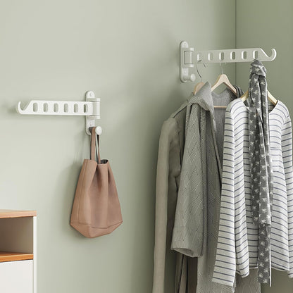 Wall Mounted Clothes Hanger with Swing Arm - 8-Hole Laundry Room Drying Rack | 180° Rotation & Space Saving for Hanging Clothes | Swing Away Coat Hanger | Aluminium(2-Pack, White)