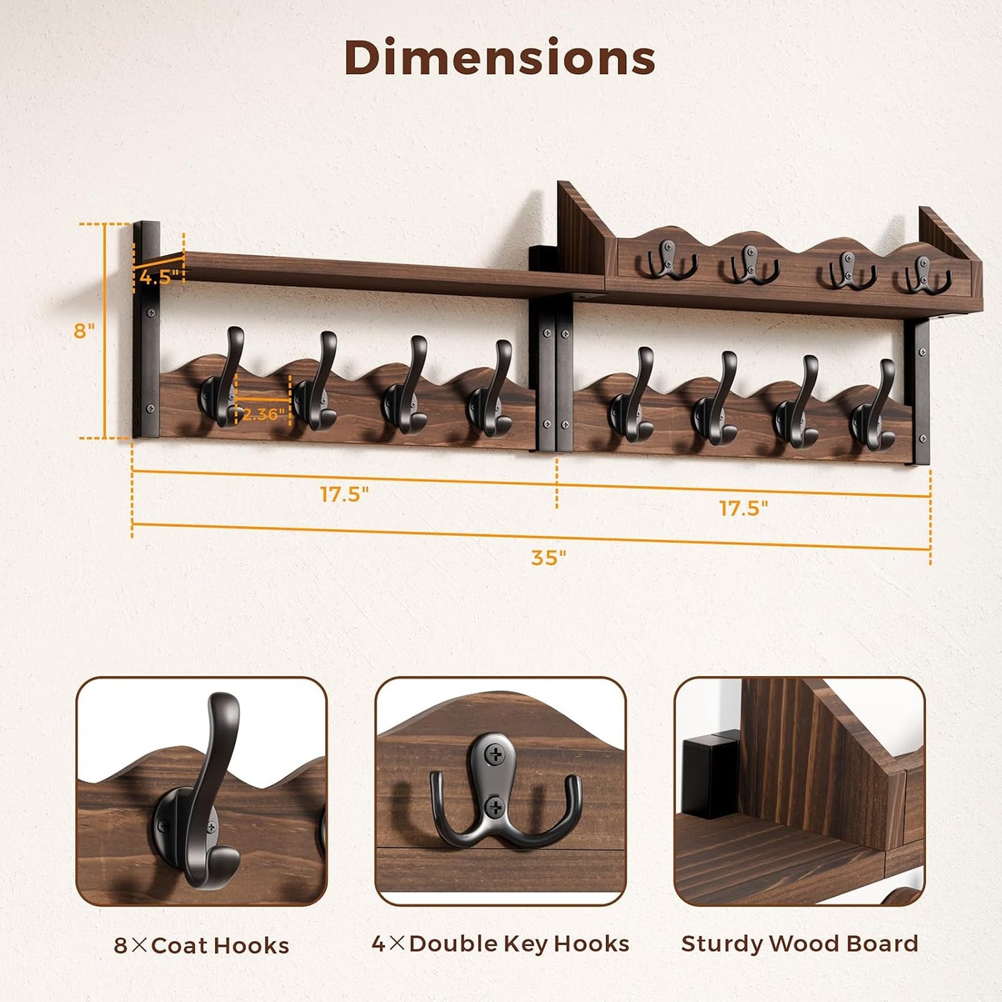 Coat Rack Wall Mount with Shelf, 4 in 1 Wood Entryway Shelf with 12 Hooks | Mail and Key Holder, Wall Mounted Coat Hanger for Bathroom, Living Room, Bedroom, Brown