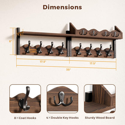 Coat Rack Wall Mount with Shelf, 4 in 1 Wood Entryway Shelf with 12 Hooks | Mail and Key Holder, Wall Mounted Coat Hanger for Bathroom, Living Room, Bedroom, Brown