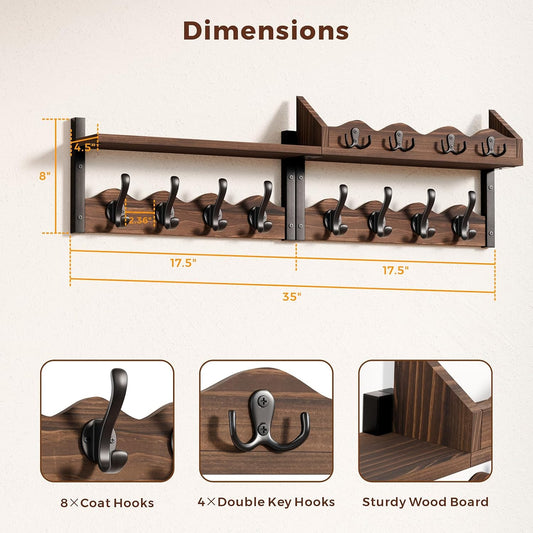 Coat Rack Wall Mount with Shelf, 4 in 1 Wood Entryway Shelf with 12 Hooks | Mail and Key Holder, Wall Mounted Coat Hanger for Bathroom, Living Room, Bedroom, Brown
