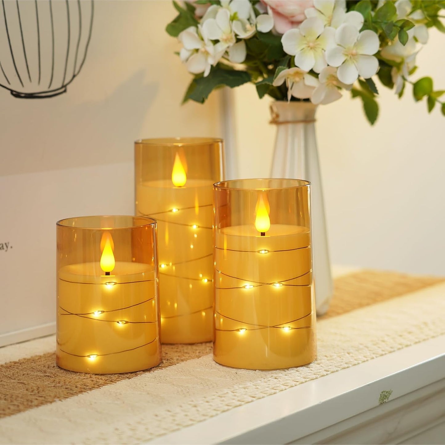 Amagic Red Flameless Candles 3 Set, Flickering Battery Operated Candles Embedded Fairy String Light, Realistic Pillar Candle with Remote Control and Timer, Acrylic, D3 x H4 5" 6"