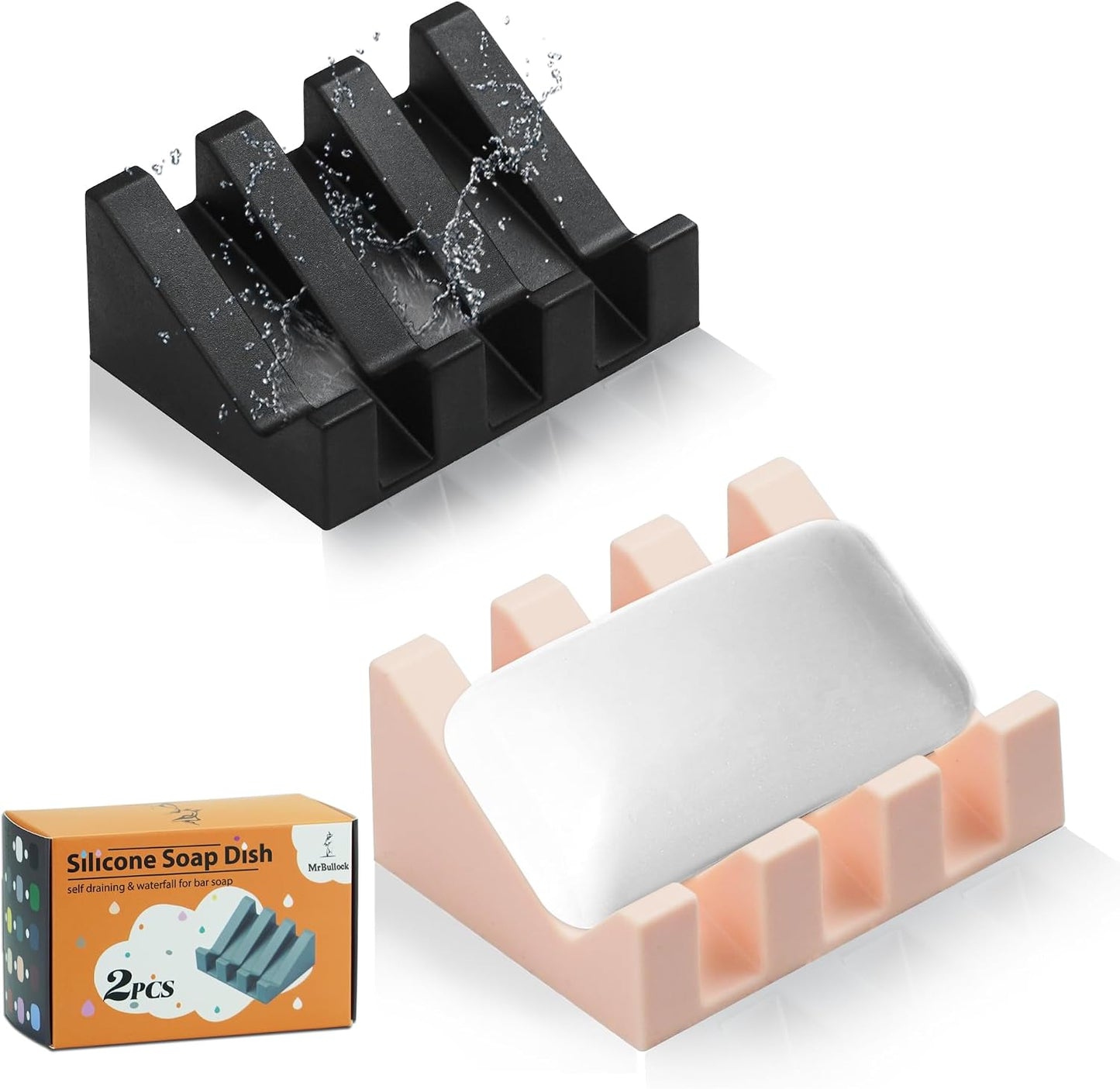 Self Draining Silicone Soap Dish Holder Waterfall Tray, 2 Pack Black | Waterfall design drains fast to keep soap dry, non-slip silicone base anti slide, soap saver for bathroom & kitchen