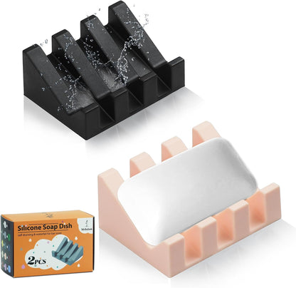 Self Draining Silicone Soap Dish Holder Waterfall Tray, 2 Pack Black | Waterfall design drains fast to keep soap dry, non-slip silicone base anti slide, soap saver for bathroom & kitchen