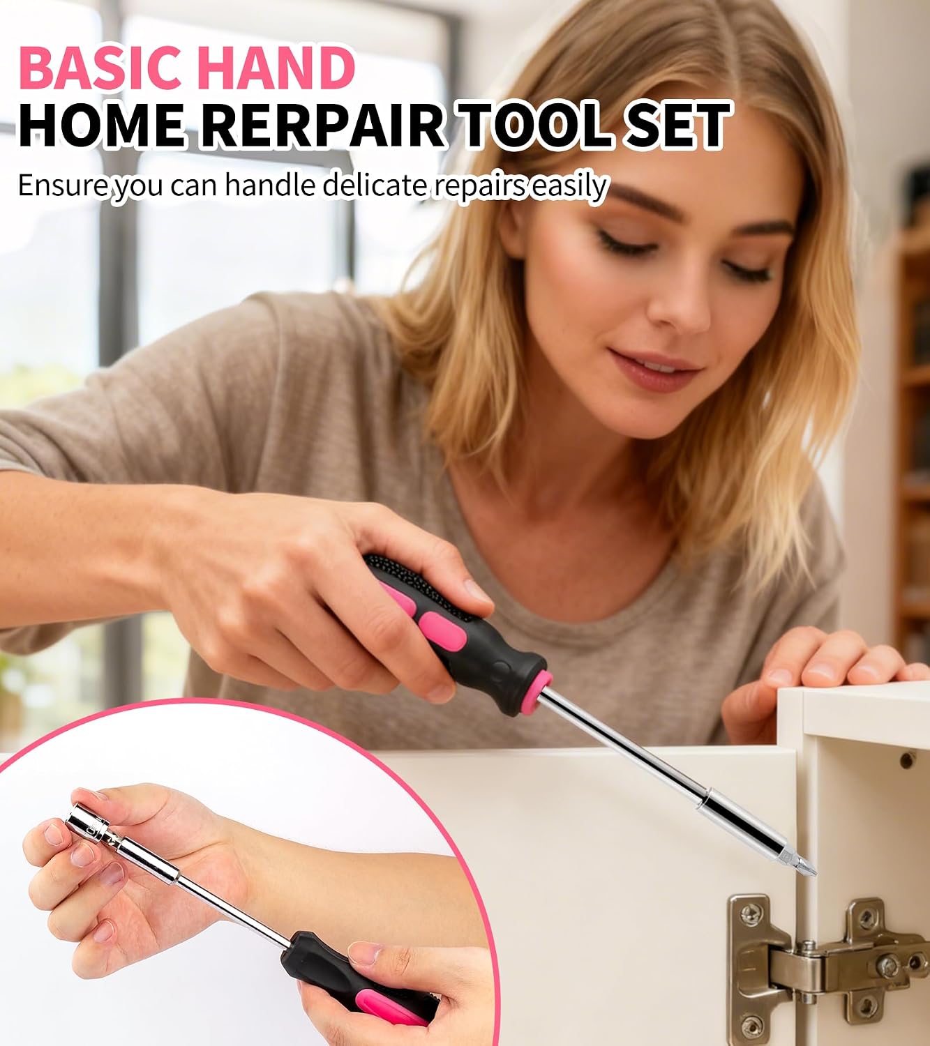 Tool Set 49PCS, Small Tool Kit, All Purpose Small General Household Tool Box for Home/Office/College Repair, DIY, Ideal Gift Choice, Pink