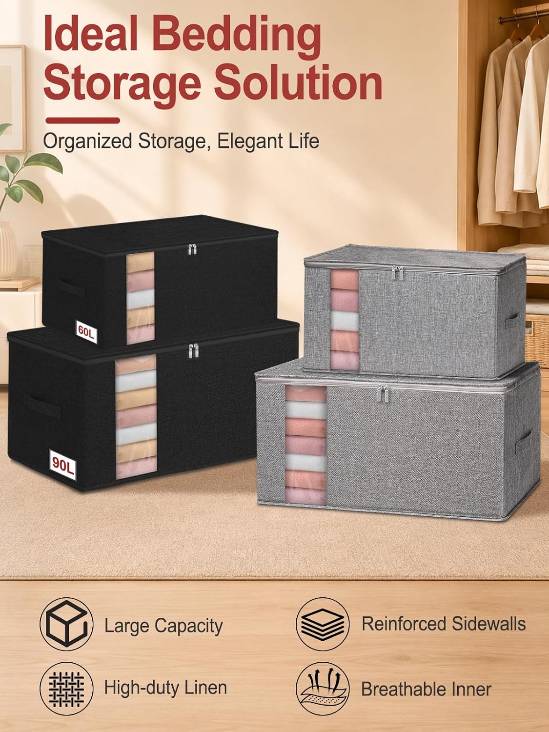 60L Blanket/Comforter Storage Bag w/Rigid Side & Bottom Support, Stackable Clothes Storage Bin for Sweaters Bedding Sets Quilts Pillows, Closet Organizer, 21.7x14.2x11.8in, 2 Pack, Gray