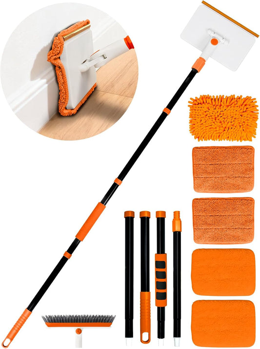 4-in-1 Baseboard Cleaning Tool with Extendable Handle 5 Reusable Pads 1 Carpet Rake Stiff Bristle Brush Multi-Surface Baseboard Brush for Cleaning Baseboard Wall Carpet Floor Bathroom Kitchen Pet Hair