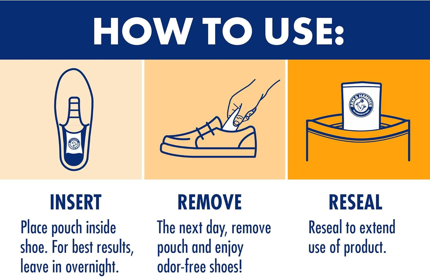 Arm & Hammer In-Shoe Odor Destroying Pouches, Shoe Deodorizer Insert for Reducing Odor and Absorbing Moisture, Smell Eliminator for All Footwear, Gym Bags and Work Boots (4 Pouches)