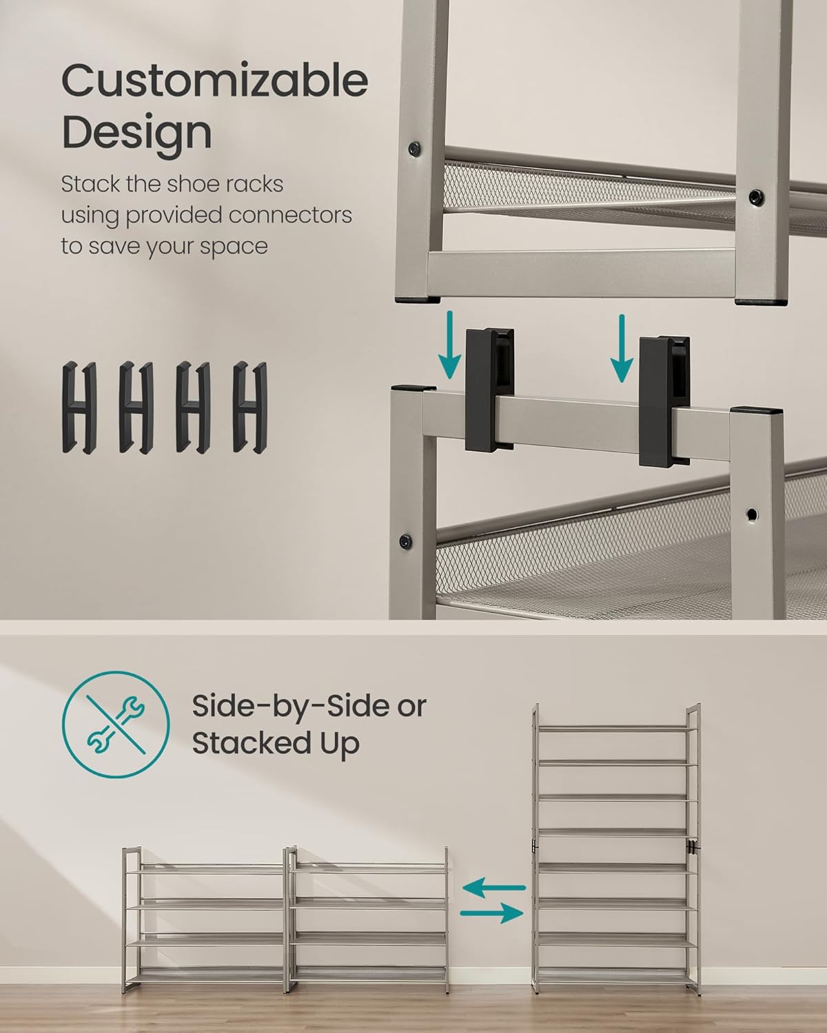 SONGMICS Shoe Rack, 12-Tier Shoe Organizer, Metal Shoe Storage for Garage, Entryway, Set of 2 6-Tier Stackable Shoe Shelf, with Adjustable Flat or Angled Shelves, Holds 48-60 Pairs, Black ULMR12B