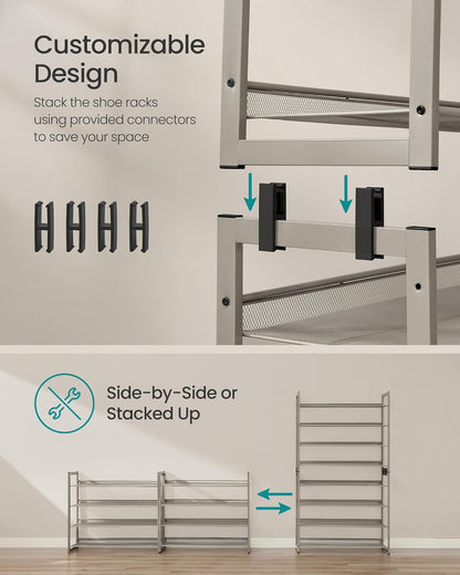 SONGMICS Shoe Rack, 12-Tier Shoe Organizer, Metal Shoe Storage for Garage, Entryway, Set of 2 6-Tier Stackable Shoe Shelf, with Adjustable Flat or Angled Shelves, Holds 48-60 Pairs, Black ULMR12B