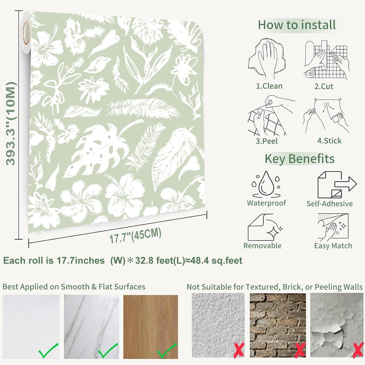Green Botanical Floral Peel and Stick Wallpaper Self Adhesive Removable Thick Renter Friendly Wallpaper for Bedroom Accent Wall 17.7" x 118"