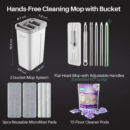 JOYMOOP Mop and Bucket Set, Flat Mops for Floor & Wall Cleaning, Commercial & Household Use, Hardwood Floor Mop with Long Handle & 4 Microfiber Pads