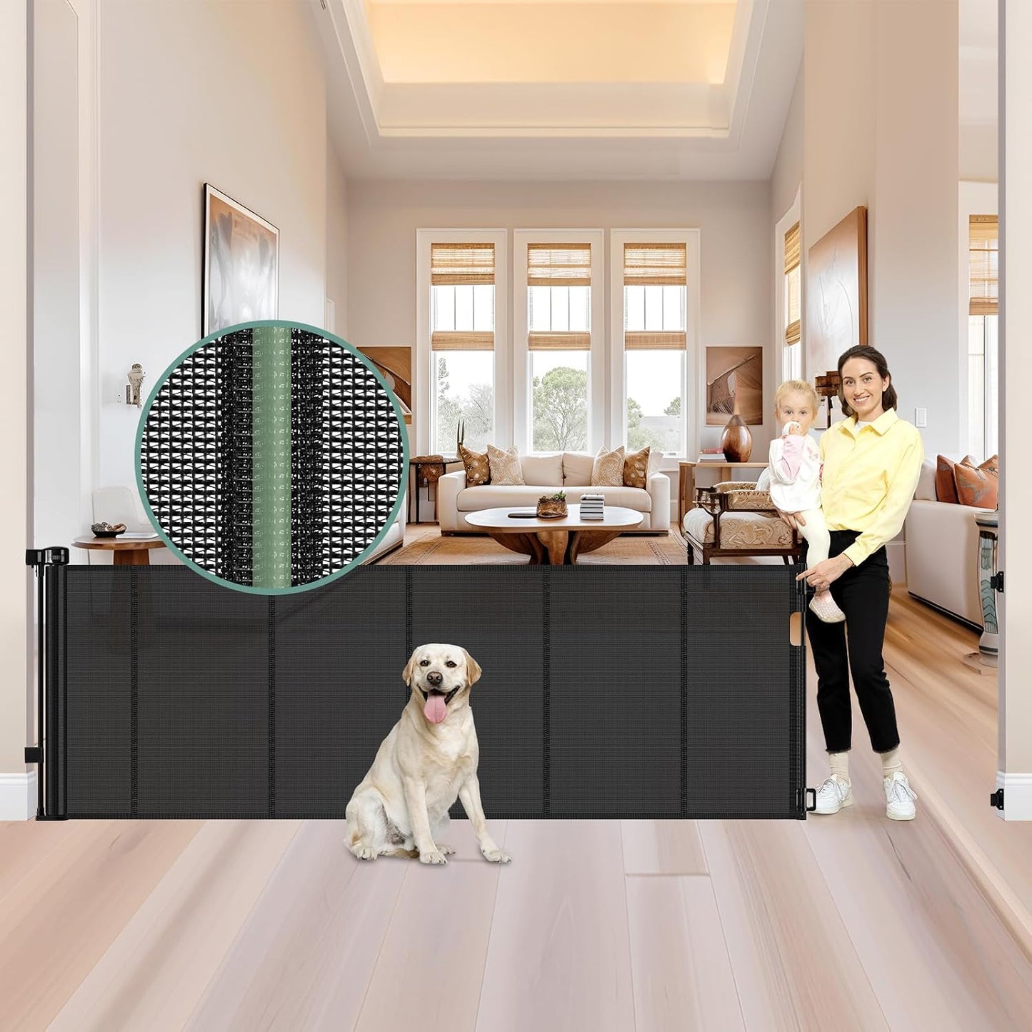 Reinforced 55" Wide Retractable Baby Gates with Reinforced Strips, Indoor/Outdoor Retractable Dog Gate for Doorway Prevent Bottom Drilling Through, No Bottom Bar Safety Mesh Baby Gate for Stair, Black