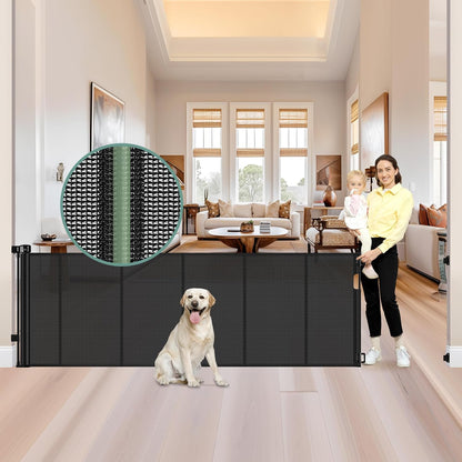 Reinforced 55" Wide Retractable Baby Gates with Reinforced Strips, Indoor/Outdoor Retractable Dog Gate for Doorway Prevent Bottom Drilling Through, No Bottom Bar Safety Mesh Baby Gate for Stair, Black