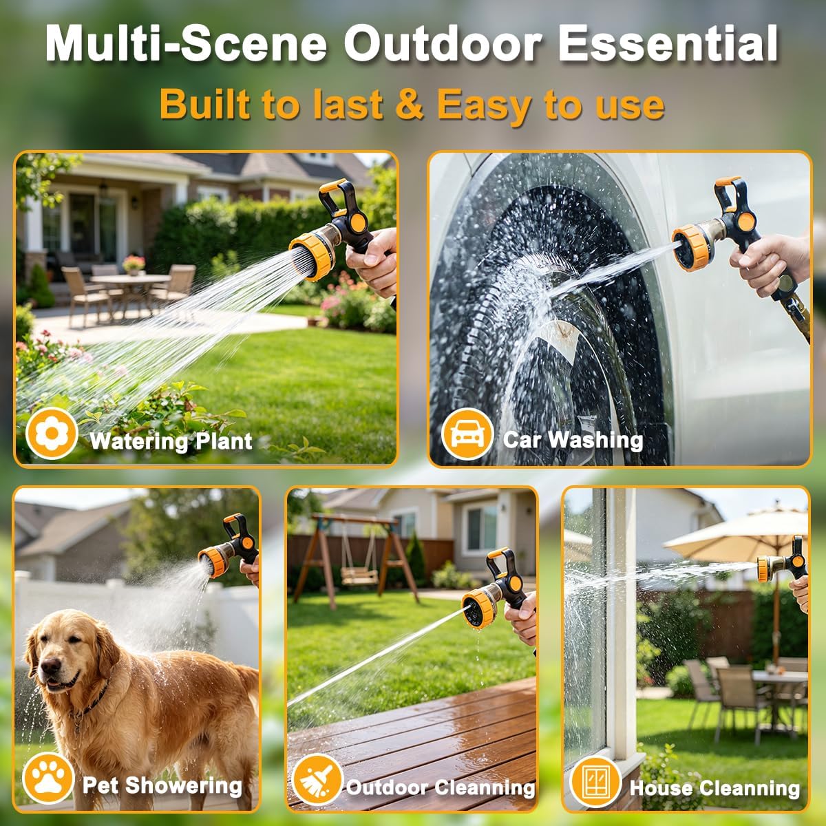 FANHAO Fireman-Style Garden Hose Nozzle, Heavy-Duty Metal Water Hose Sprayer with Lever Control & Thumb Control, 7 Spray Patterns, High-Pressure Water Nozzle for Lawn Watering, Car & Pet Washing