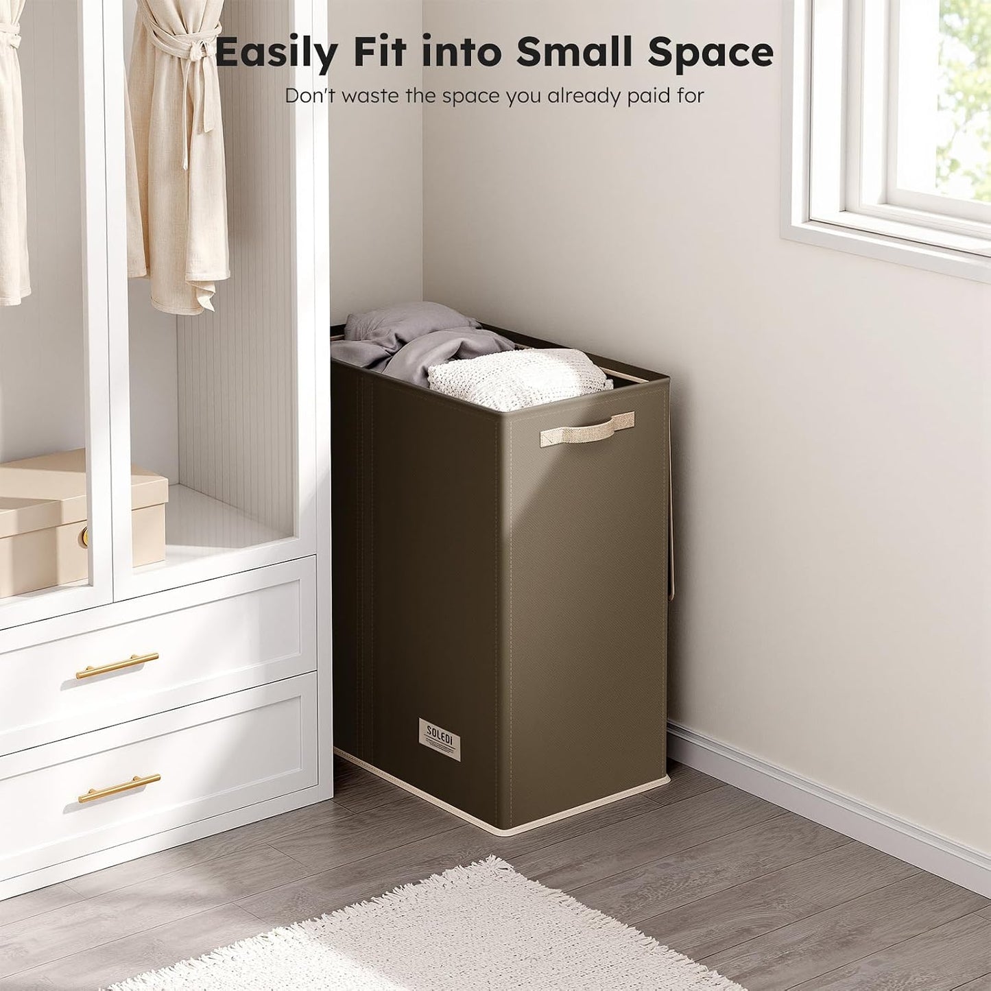 SOLEDI Luxury Double Laundry Hamper with Lid and Removable Bags, 38.3 Gal Large Laundry Bin, Laundry Basket 2 Sections, Collapsible Clothes Hamper for Bedroom, Laundry Room, Bathroom, Off-white