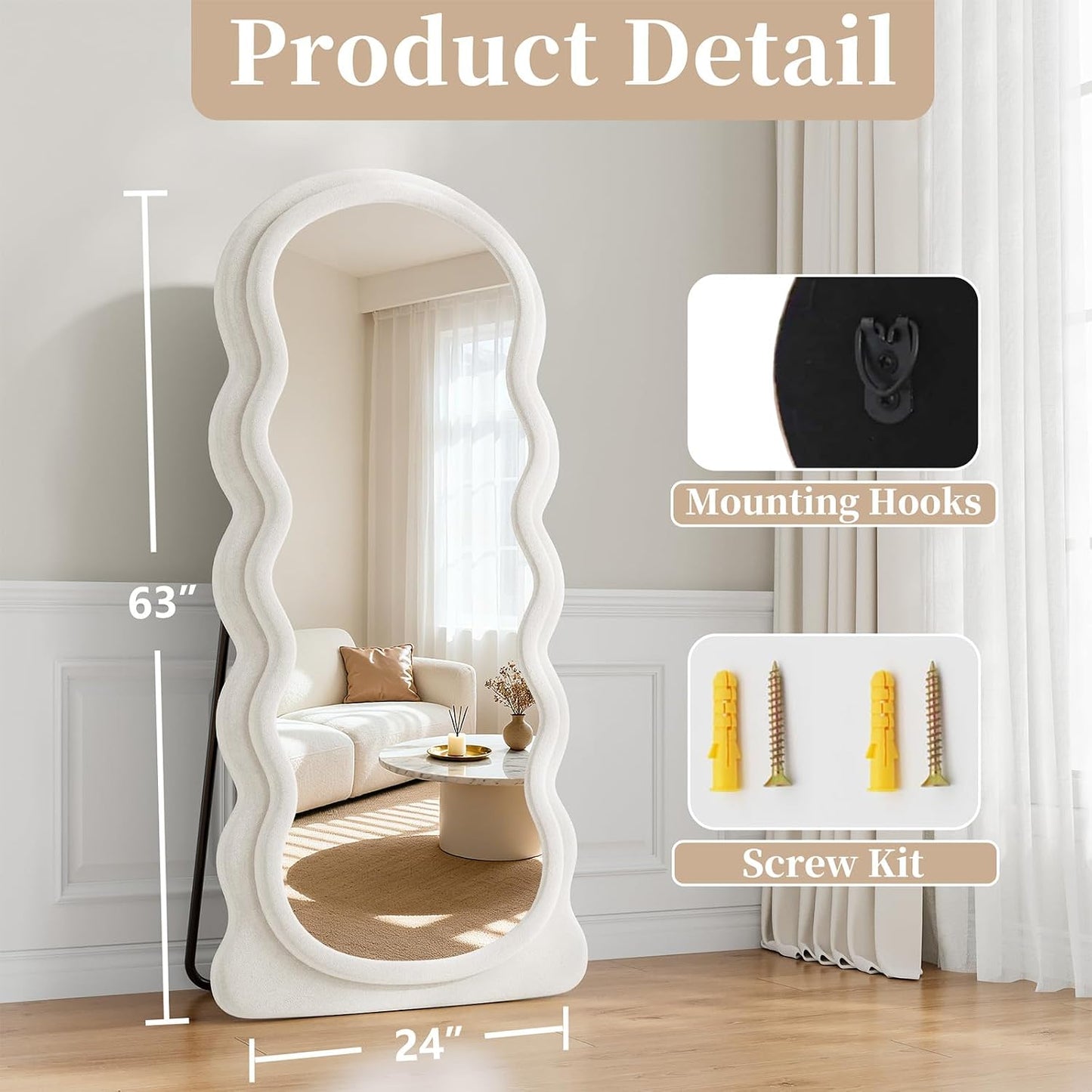 71"x32" Flannel Full Length Mirror, Arched Mirrors Full Length with Stand, Flannel Floor Mirror for Bedroom and Living Room, Full Body Mirror Hanging or Leaning, White