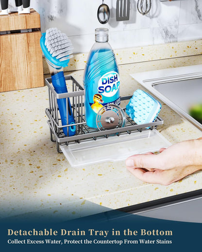 Consumest Sponge Holder for Kitchen Sink - Kitchen Sink Caddy Organizer with Removable Drip Tray for Countertop Dish Soap Dispenser Brush Storage Accessories 304 Stainless Steel - Black