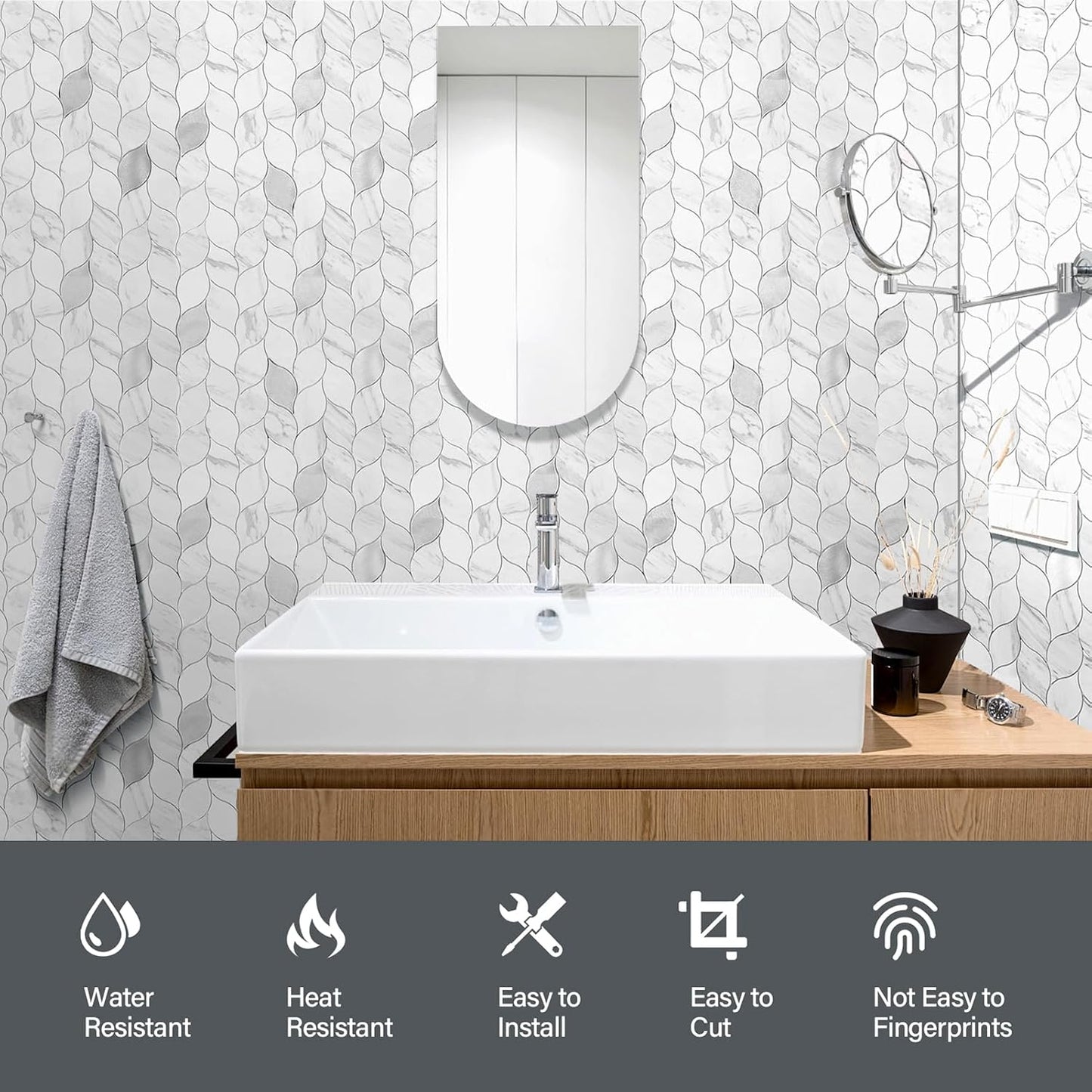 Tilingview 10-Sheet Peel and Stick Backsplash Tile for Kitchen, Self-Adhesive Mosaic Glossy Leaf Stick on Wall Tile with Gaps (Leaf Beige)
