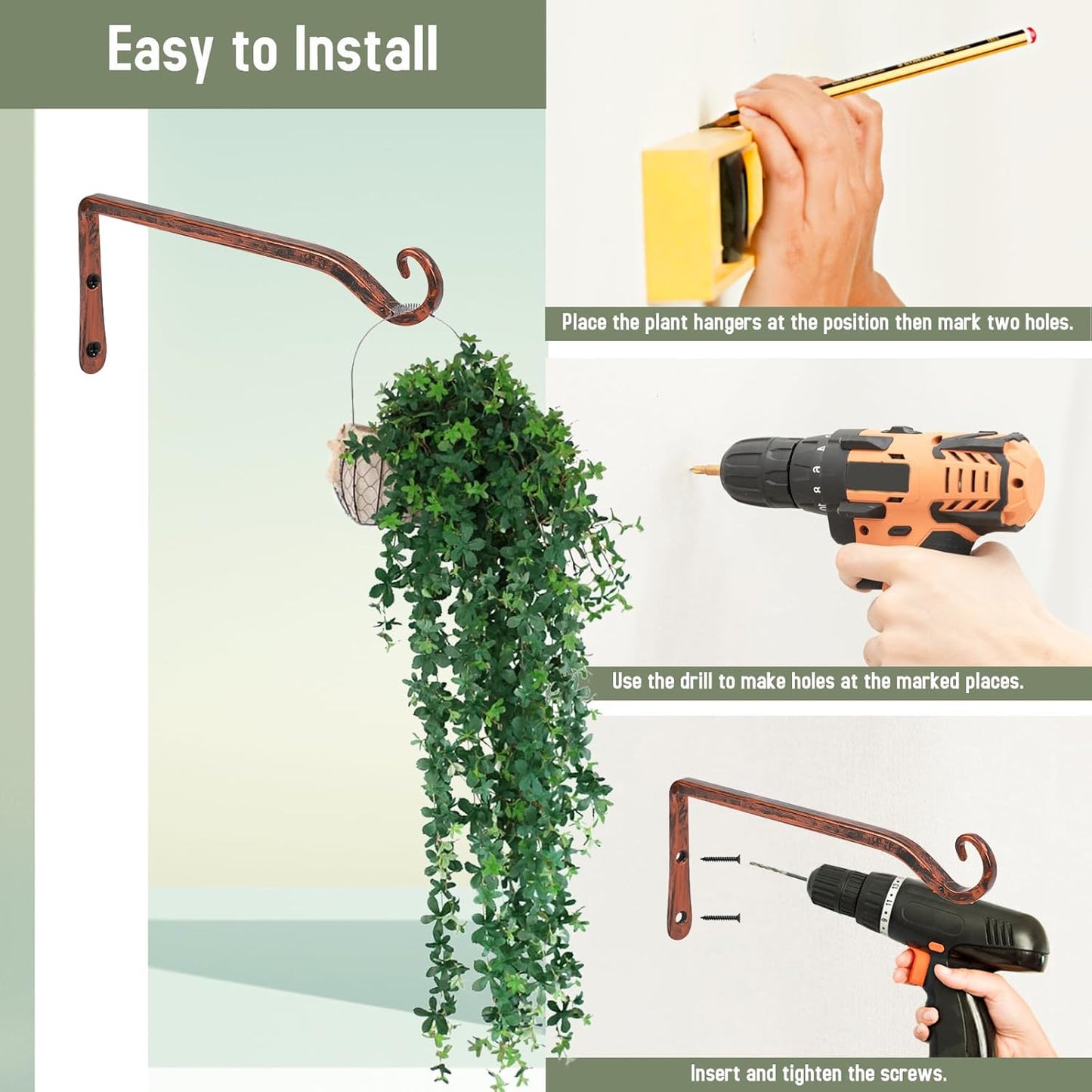 FEED GARDEN Heavy Duty Plant Hangers Outdoor Indoor, 8 Inch 2 Pack Metal Hanging Bracket Holds Up to 44 lbs, Wall Brackets for Hanging Baskets, Bird Feeders,Wind Chime& Lanterns, Black