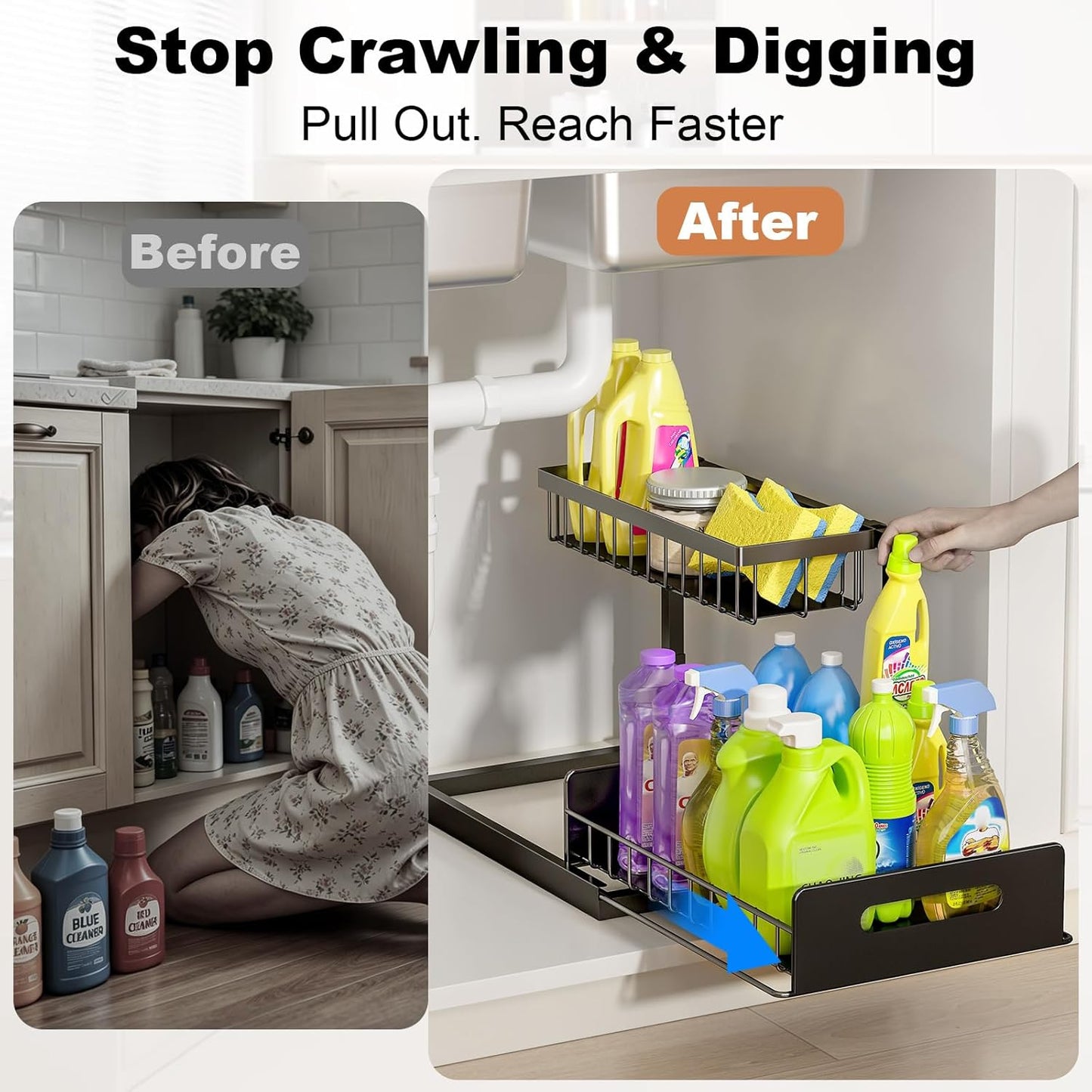 REALINN Under Sink Organizer, Pull Out Cabinet Organizer, 2 Tier Metal Slide Out Shelf with L Shaped Design for Kitchen, Bathroom, Laundry, and Utility Cabinet Storage for Deep Cabinets, White, 2 Pack