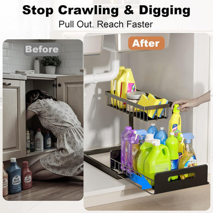 REALINN Under Sink Organizer, Pull Out Cabinet Organizer, 2 Tier Metal Slide Out Shelf with L Shaped Design for Kitchen, Bathroom, Laundry, and Utility Cabinet Storage for Deep Cabinets, White, 2 Pack