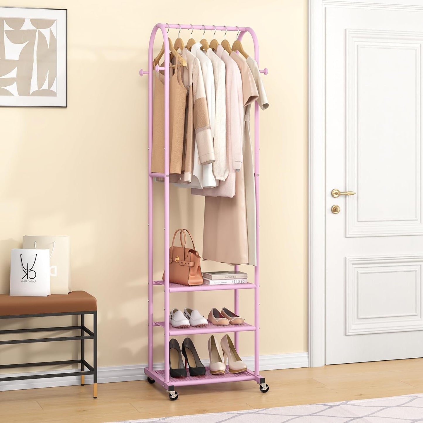 Kaitiemoo Heavy Duty Clothing Rack with Wheels,Modern Garment Rack with 3 Metal Shelves, 71.8Inches Display Rack for Hanging Clothes, Hanging Rod for Small Spaces,White