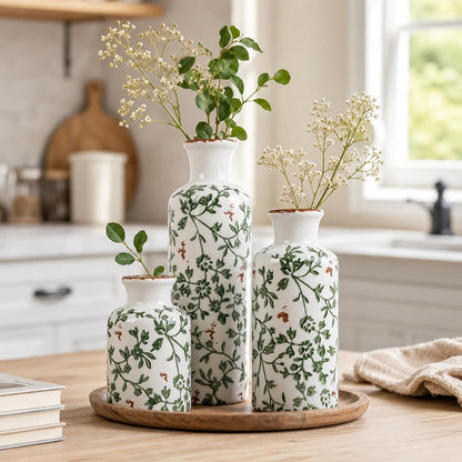 Ceramic Vase Set of 3 – Small Flower Vases, Modern Farmhouse Boho Flower Vases for Home Decor, Rustic Pottery Vases for Centerpieces, Living Room, Shelf, Fireplace, Entryway Decor, Table or Cabinet