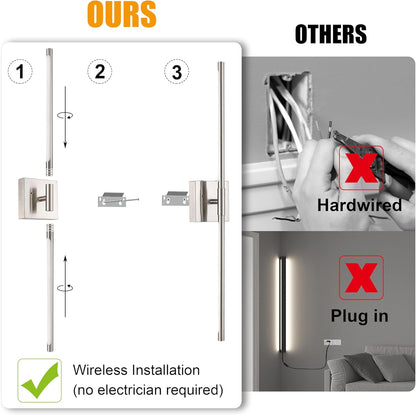 Morauroral Battery Operated Wall Sconces Set of 2, 10000mAh Rechargeable Sconces, 3000K-6000K Dimmable LED Wall Lamp with Remote, 24 Inch Black Gold Wireless Wall Lights for Bedroom, Living Room