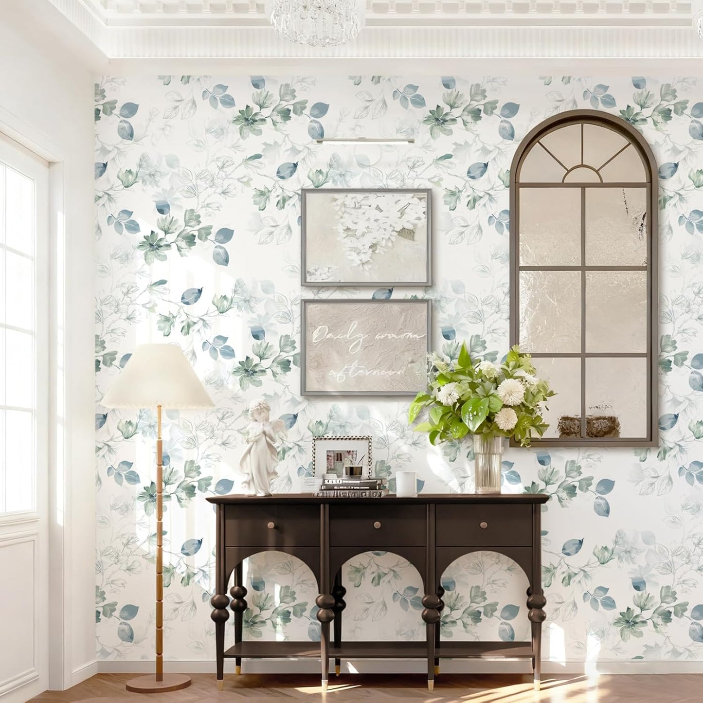 Safiyya Peel and Stick Wallpaper Floral Green and White Leaf Contact Paper for Cabinets 17.3"x 78.7" Self Adhesive Removable Wallpaper for Bathroom Renter Friendly Wall Paper Vinyl Roll
