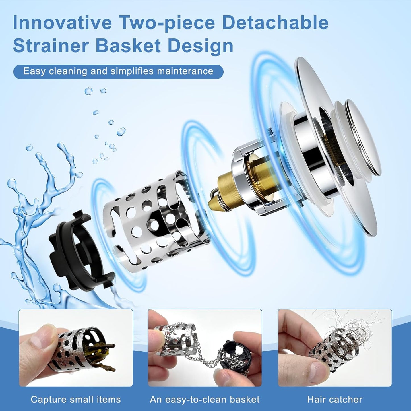 Upgraded 3 in 1 Bathroom Sink Drain Strainer, Universal Pop Up Stopper with Removable Stainless Steel Filter Basket Hair Catcher, Sink Plug for 1.1''~2.36'' Basin, Brushed Nickel Finish (2PC)