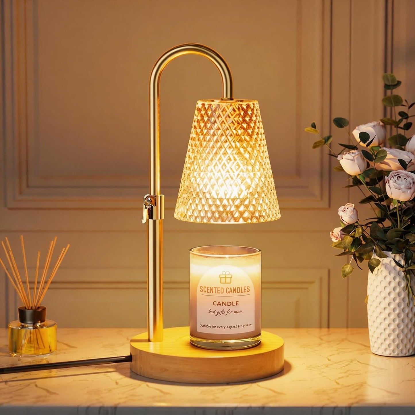 hyrion Candle Warmer Lamp with Timer Dimmable, Birthday Gifts for Women Mom, Adjustable Height Candle Warmer for Jar Candles, Flower Flameless Candle Lamps with 2 Bulbs, Housewarming, Home Decor